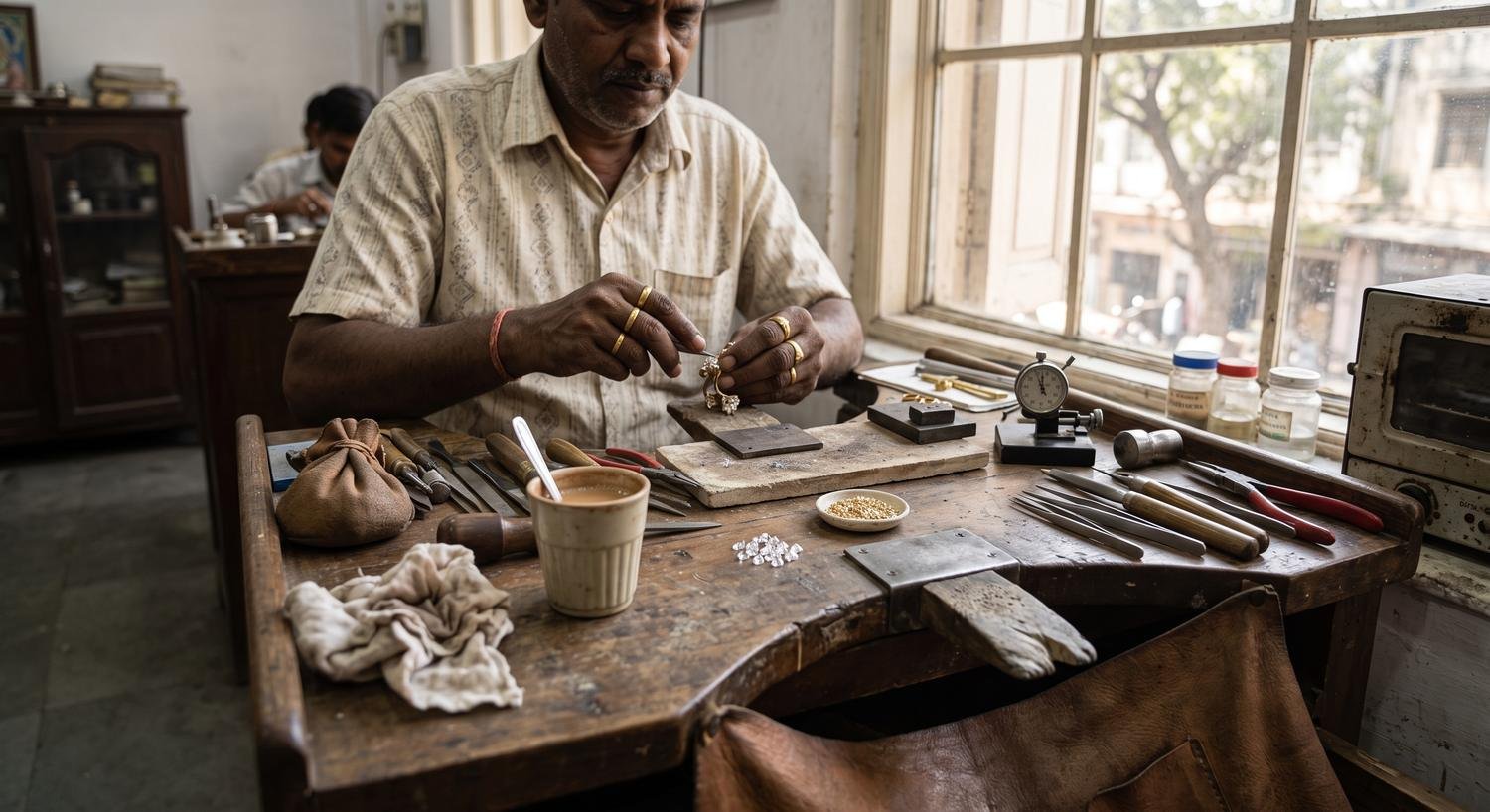 The karigar at his workbench by the window, tools and a cup of chai laid out
