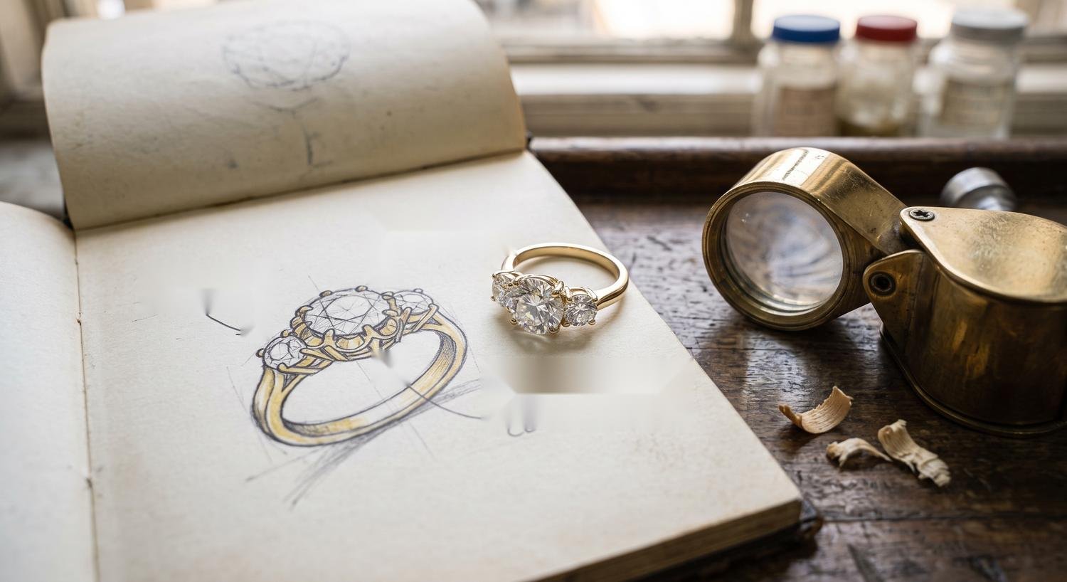 A finished three-stone ring beside a pencil sketch of its redesign