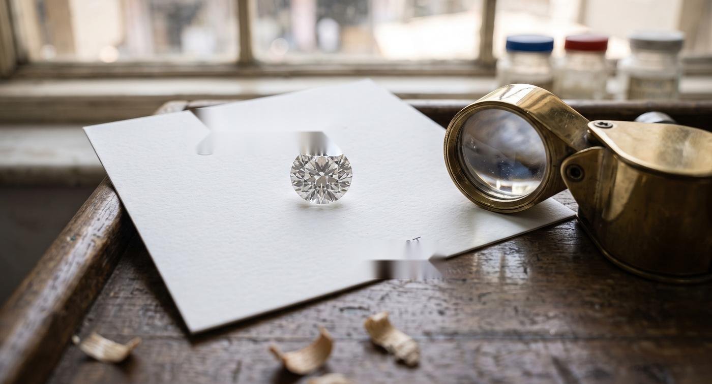 A loose laboratory-grown diamond on a card with a jeweller's loupe